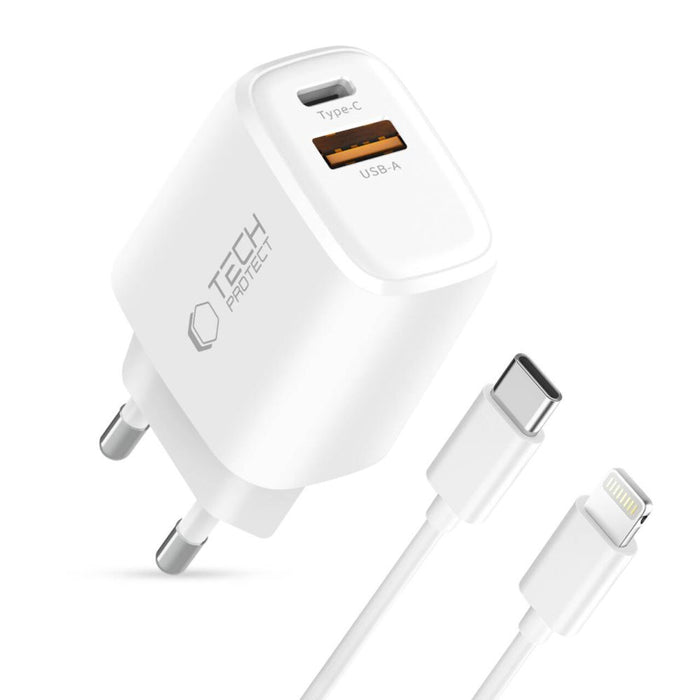 Tech-Protect NCA30 PD 30W QC3.0 USB-A / USB-C Wall Charger + USB-C / Lightning Cable 100cm - White