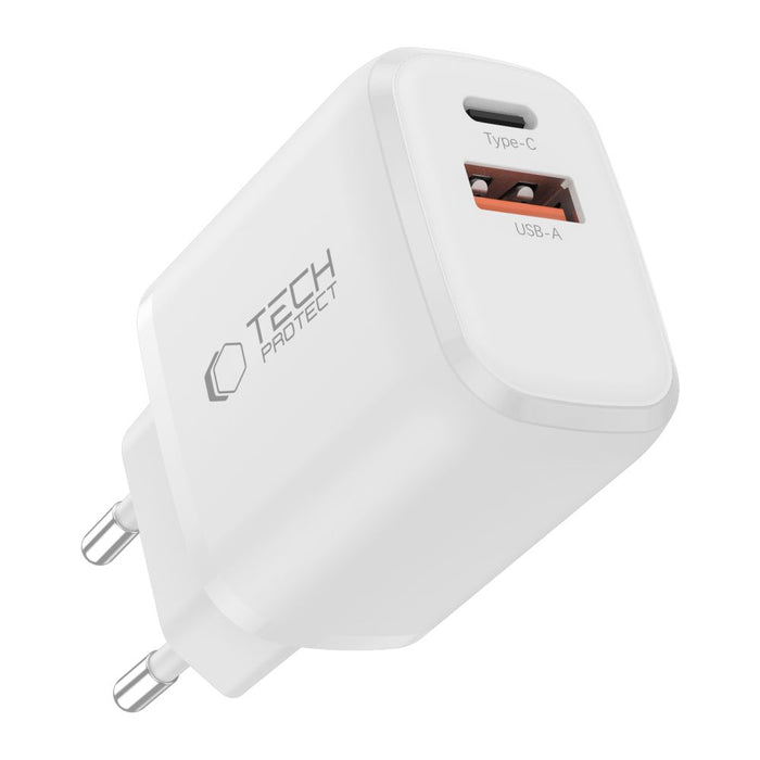 Tech-Protect NCA30 PD 30W QC3.0 USB-A / USB-C Wall Charger + USB-C / USB-C Cable 100cm - White