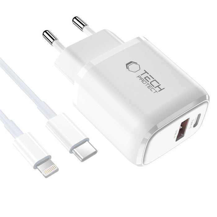 Tech-Protect NCA20 PD 20W QC3.0 USB-A / USB-C Wall Charger + USB-C / Lightning Cable 100cm - White