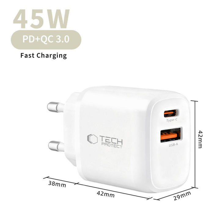 Tech-Protect NCA45W-GAN 2-Port USB-C / USB-A 45W Wall Charger - White