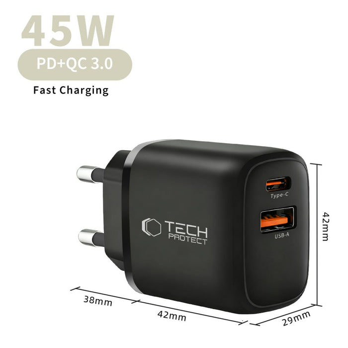 Tech-Protect NCA45W-GAN 2-Port 45W Wall Charger with USB-C Cable - Black