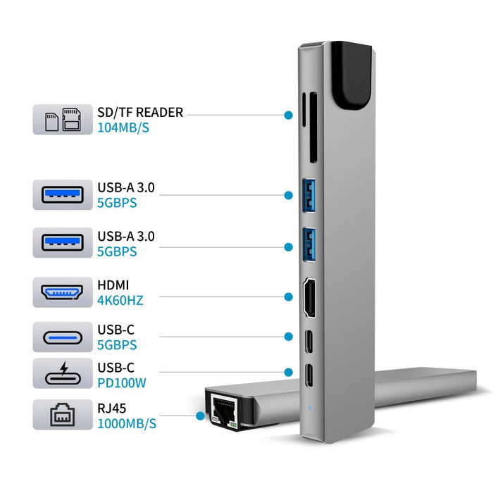 Tech-Protect HB09 USB hub 8in1 TYPE-C + USB-A 3.0 + USB-C 3.0 + HDMI 4K 60HZ + SD/TF + PD100W + RJ45 1000 MB/S - gray