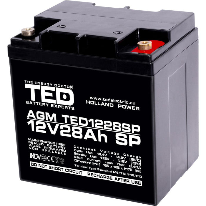 Lead acid battery AGM 12V / 26 Ah/28.5Ah - 166 / 176 / 125mm terminal F13(M5) TED ELECTRIC