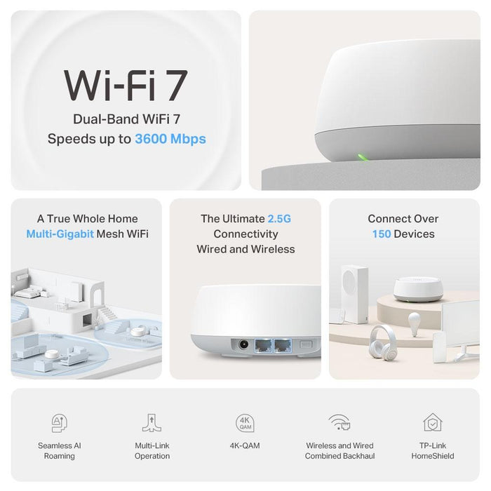 Mesh system TP-LINK Deco BE25 (2-pack), BE3600, 2x 2.5GbE, Wi-Fi 7