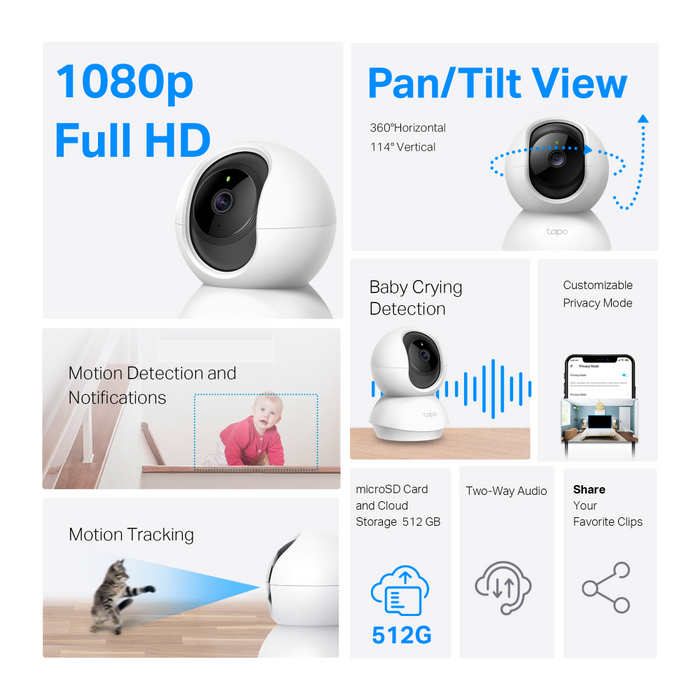 Home Security WiFi Camera TP-Link Tapo C200P2, Pan/Tilt - 2 Pieces