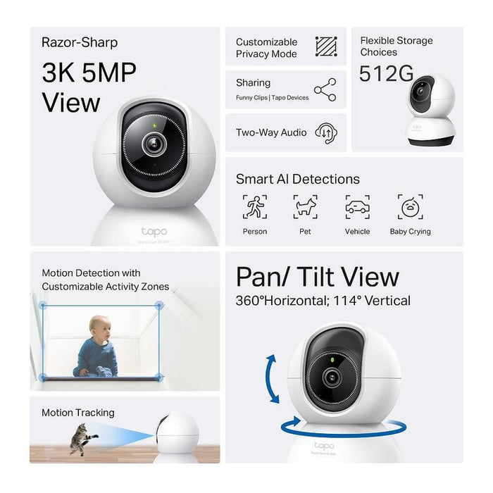 TP-Link Camera Tapo TC74 Wi-Fi Indoor Security Pan/Tilt, 1080P, Night Vision, 360 Degrees, White EU