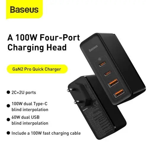 Travel Charger Baseus GaN2 Pro Quick 2x USB + 2x USB-C 100W EU (Black) - Travel