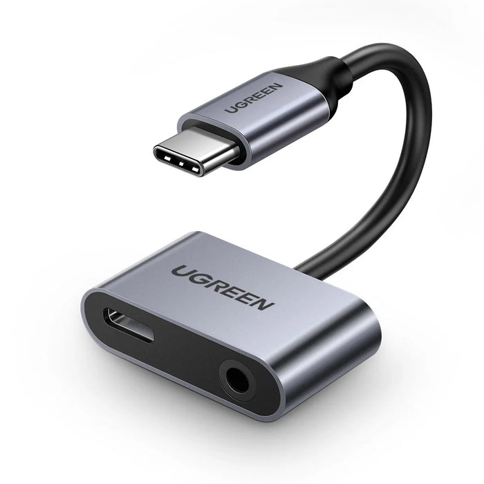 Ugreen CM193 50596 audio adapter two-port USB-C (male) - mini jack 3.5mm / USB-C (female) - gray - USB