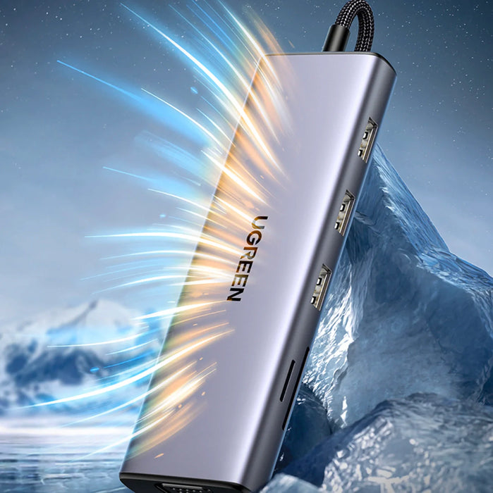 Ugreen CM498 15600 USB-C Adapter - 3x USB-A 3.0 / HDMI / VGA / RJ45 / SD / TF Card Reader / USB-C PD - Gray - USB