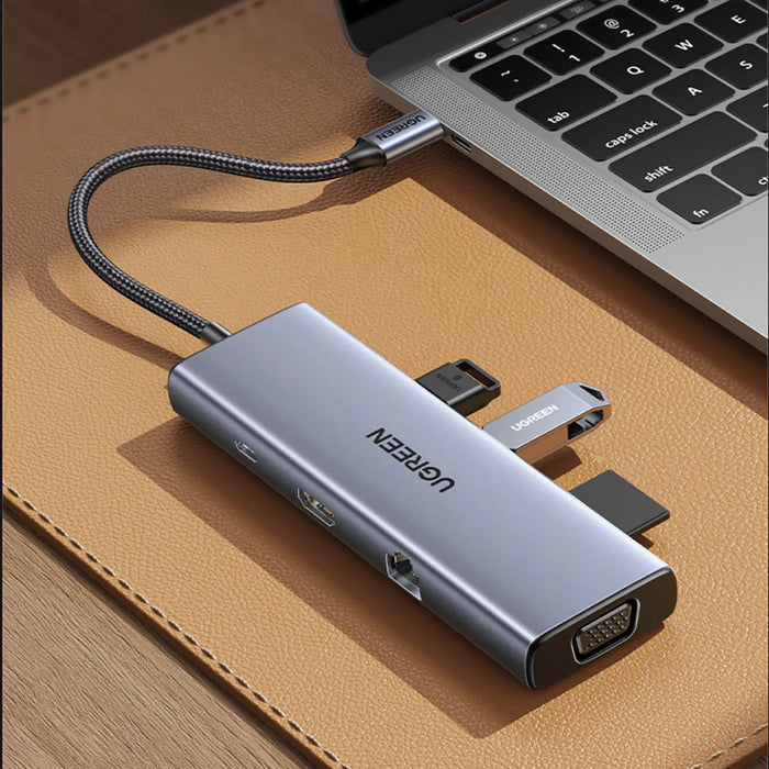 Ugreen CM498 15600 USB-C Adapter - 3x USB-A 3.0 / HDMI / VGA / RJ45 / SD / TF Card Reader / USB-C PD - Gray - USB