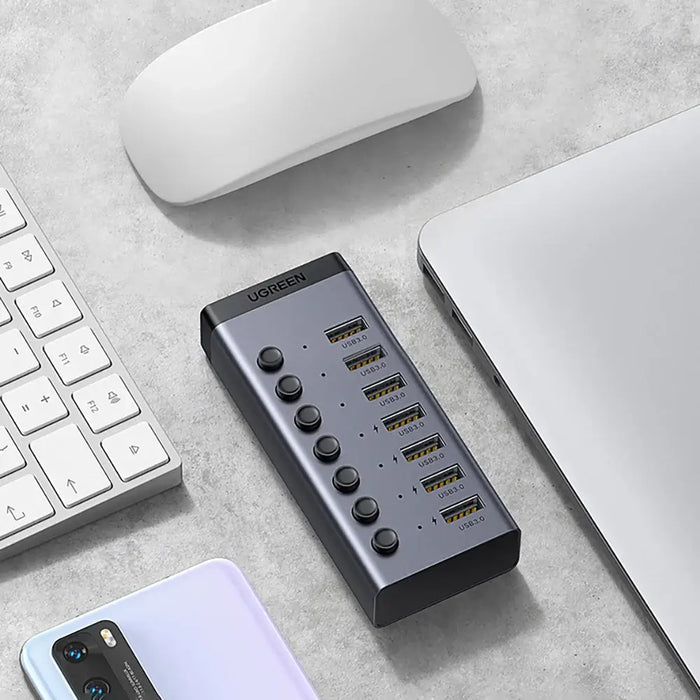 Ugreen multifunctional HUB 7in1 USB Type C - 7x USB Type A 3.0 PD DC 12V gray (CM481) - USB hubs<<<HurtelXML