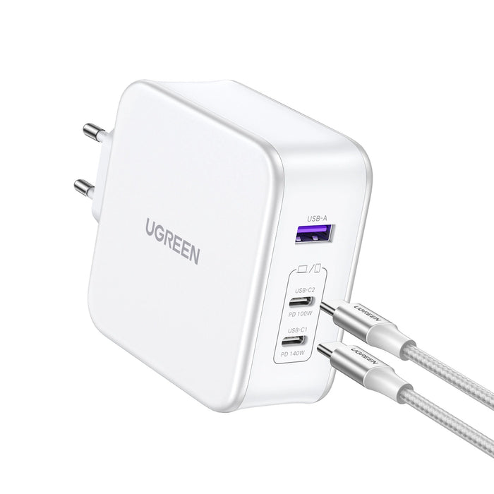 GaN Ugreen Nexode CD289 USB-A/2xUSB-C 140W wall charger + USB-C - USB-C cable 1.5m - white