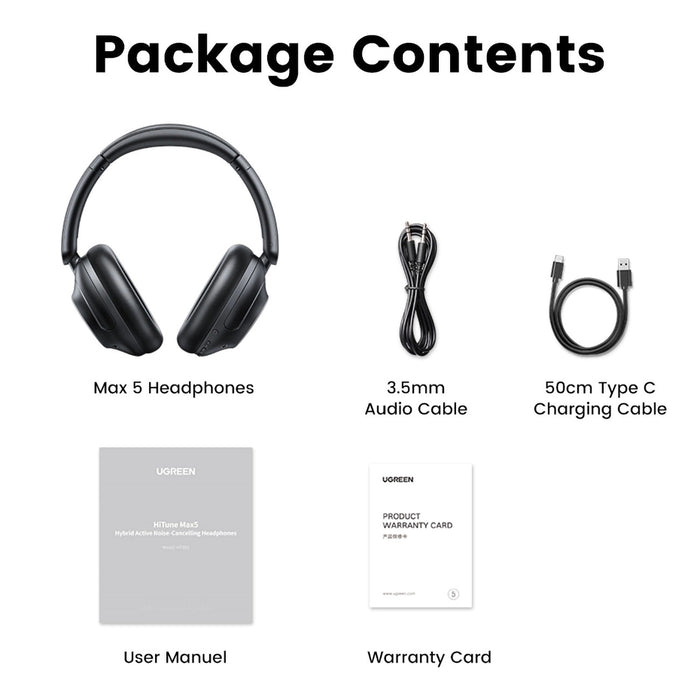 Ugreen HP202 HiTune Max5 on-ear wireless headphones with hybrid ANC noise reduction - black
