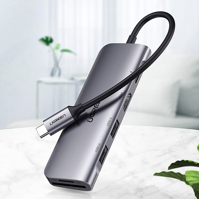 Ugreen CM195 6in1 adapter USB-C - HDMI / 2x USB-A 3.0 / USB-C PD / SD / TF reader - gray