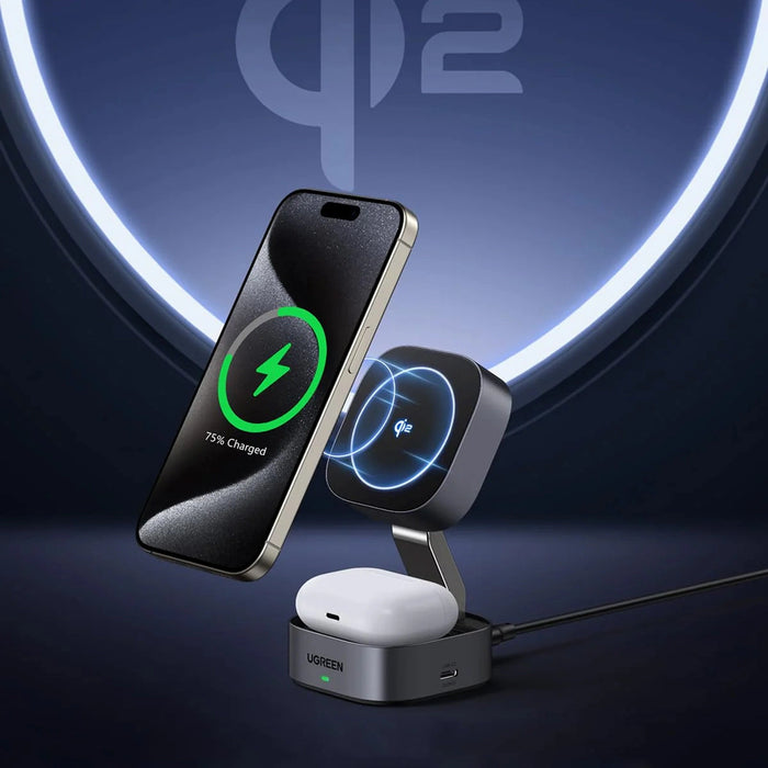 Ugreen W702 3in1 inductive charger with MagSafe / Qi2 and USB-C port for phone / headphones - black