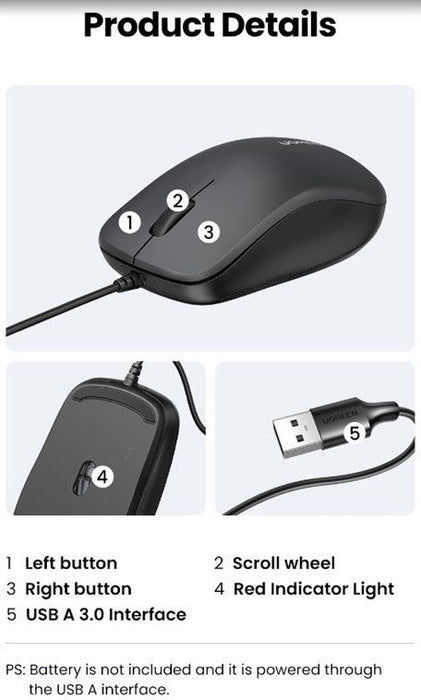 Ugreen wired optical mouse - black