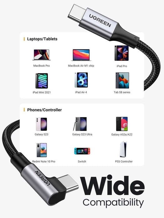 Ugreen US334 70643 USB-C (angled) / USB-C (straight) cable 100W PD 1m - black