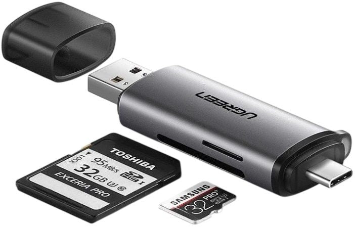 Ugreen CM185 50706 reader for SD / micro SD cards on USB-A 3.0 / USB-C 3.0 - gray