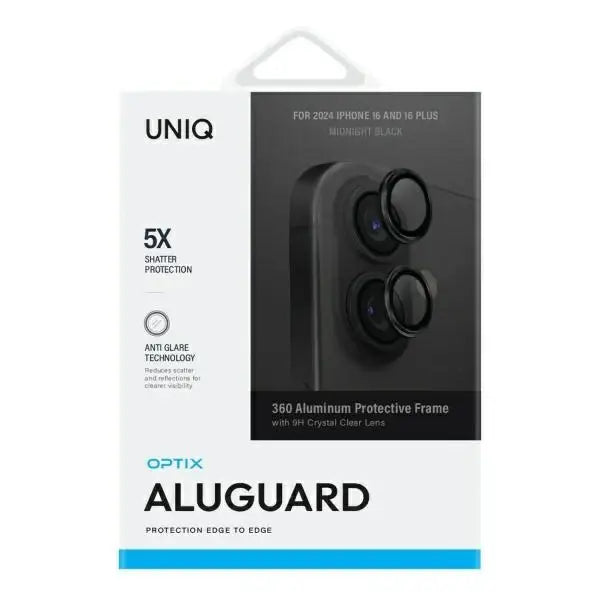 Uniq Optix Aluminum Camera Lens Protector iPhone 16 / 16 Plus with applicator - black - Cell phone tempered