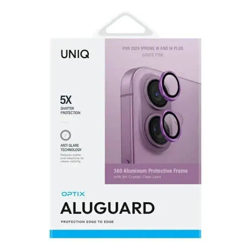 Uniq Optix Aluminum Camera Lens Protector with Applicator for iPhone 16 / iPhone 16 Plus - Pink - Cell phone tempered