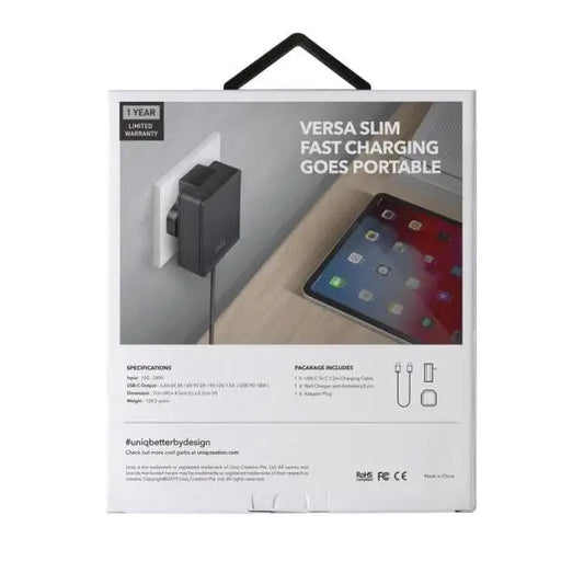 Uniq Versa Slim LITHOS Collective USB-C PD 18W wall charger + USB-C / USB-C cable - black - Cell phone USB