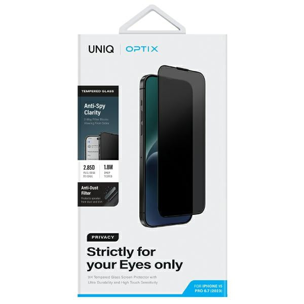 Uniq Optix Privacy tempered glass for iPhone 15 Pro Max with applicator