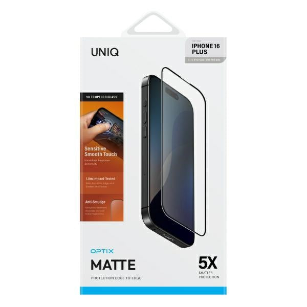 Uniq Optix Matte tempered glass with applicator for iPhone 16 Plus