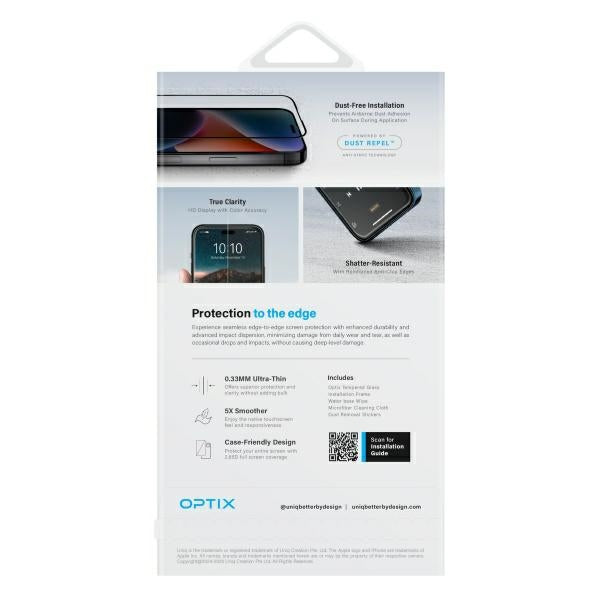 Uniq Optix Matte tempered glass with applicator for iPhone 16 Plus