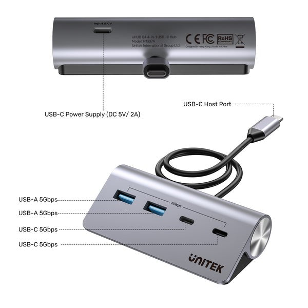 UNITEK ALUMINIUM USB-C HUB 2X USB-A 2X USB-C 5GBPS