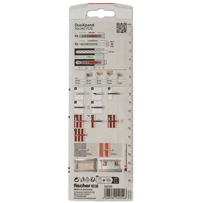 UNIVERSAL DOWEL WITH SCREW 10X140 FUS K 4 PCS. FISCHER DUOXPAND - Комплекти дюбели<<<Дюбели<<<Инструменти и