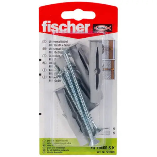UNIVERSAL DOWEL WITH SCREW F10X60MM 4 PIECES FISCHER FU SK - Комплекти дюбели<<<Дюбели<<<Инструменти и