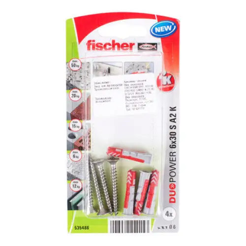 UNIVERSAL DOWEL WITH SCREW F6X30MM 4 PCS FISCHER DUOPOWER A2 S - Комплекти дюбели<<<Дюбели<<<Инструменти и