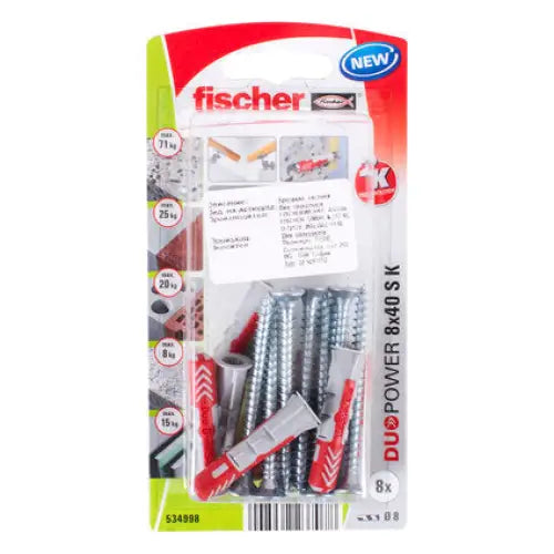 UNIVERSAL DOWEL WITH SCREW F8X40MM 8 PCS FISCHER DUOPOWER SK NV - Комплекти дюбели и винтове<<<Дюбели<<<Инструменти и