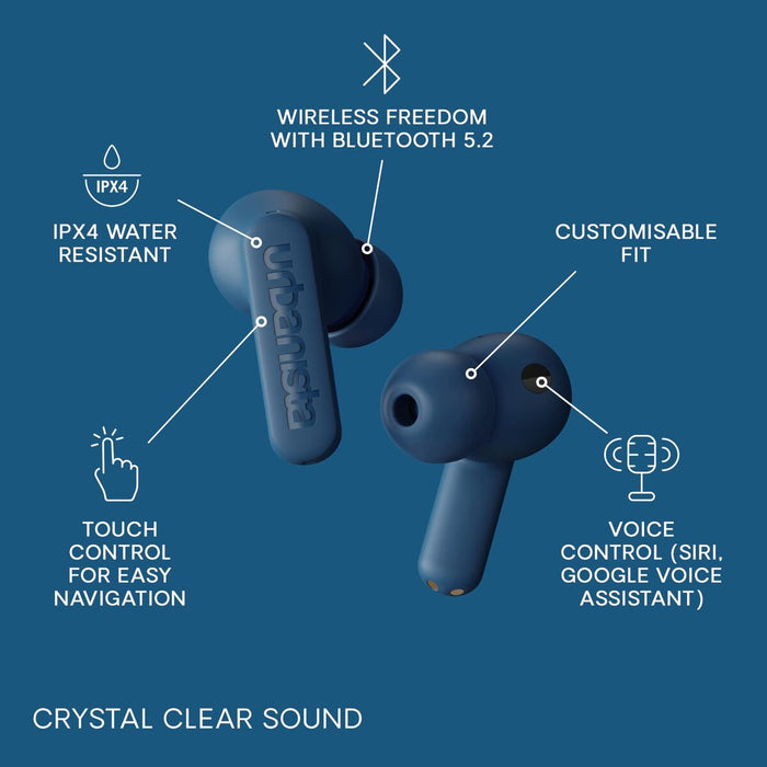 URBANISTA ATLANTA Bluetooth earphones black 34 hours total playtime Hybrid active noise cancelling Touch controls IPX4 blue