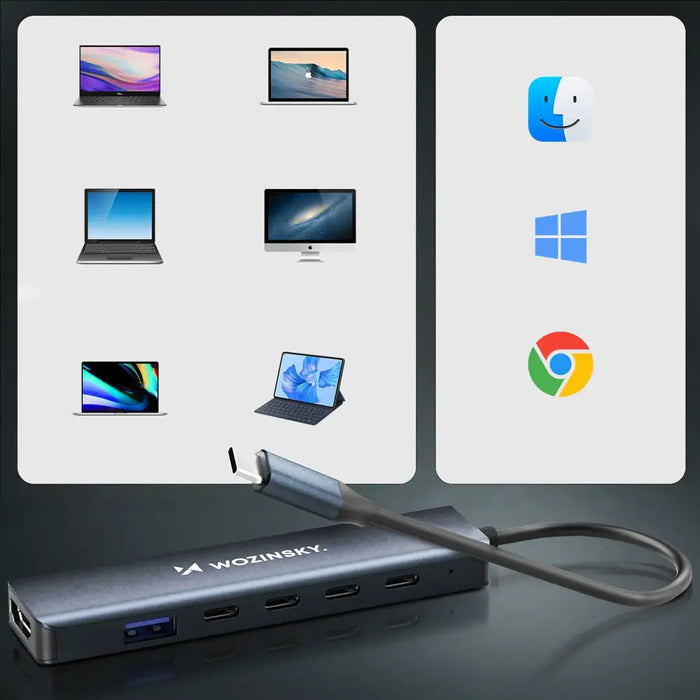 USB-C 6 in 1 Hub Wozinsky WHBC10Y4S Multifunctional Aluminum with 25 cm Cable - Gray - USB hubs<<<HurtelXML
