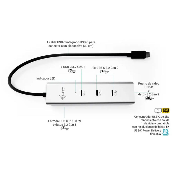 USB Hub i-Tec C31HUBMETAL8KPDPRO Silver - Компютър Мрежи и компоненти<<<Компютри| Електроника<<<BigBuy&&&HUB
