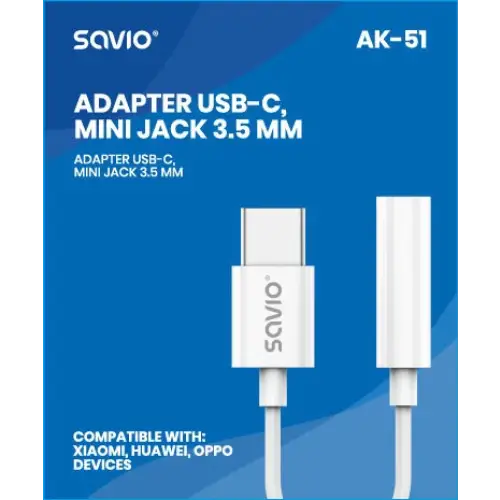 USB Type 3.1 C (M) – Jack 3.5mm (F) Audio adapter White SAVIO AK-51 - AdaptersKBA-ADA<<<Cables