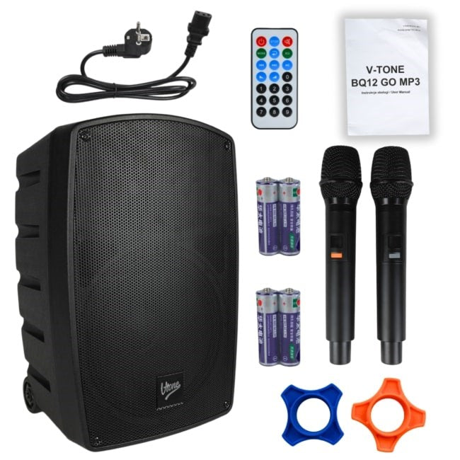 V-TONE BQ12 GO MP3 - active 8" battery-powered speaker with wireless microphone and remote control, black