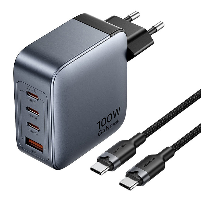 Vention power charger 3x USB-C, 1x USB-A, (100W/100W/30W/30W) (grey) with USB-C to USB-C cable (1m) (black)