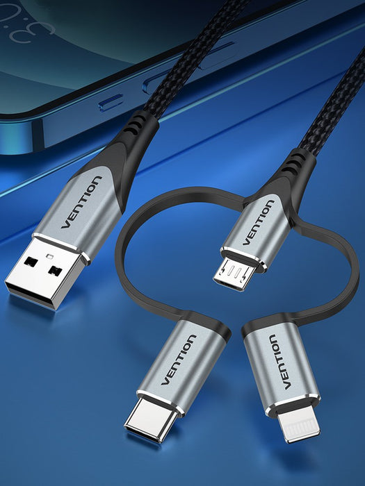 Vention USB 2.0 A Male to 3-in-1 Micro-B&USB-C&Lightning Male Cable 1M Gray Aluminum Alloy Type