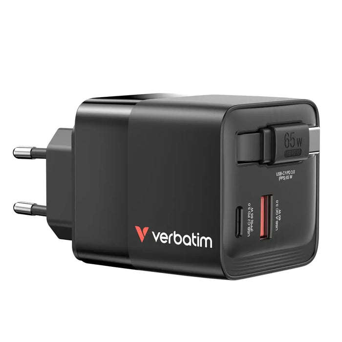 Verbatim Mini GaN Charger 65W 2 Port retractable cable display US plugs with EU and UK adaptors - Аксесоари<<<VERBATIM