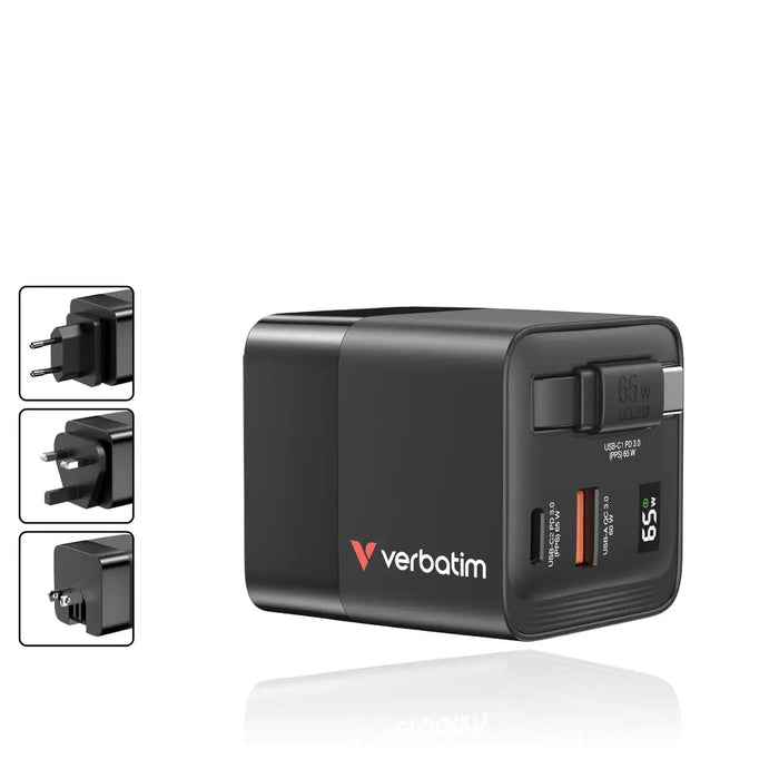 Verbatim Mini GaN Charger 65W 2 Port retractable cable display US plugs with EU and UK adaptors - Аксесоари<<<VERBATIM