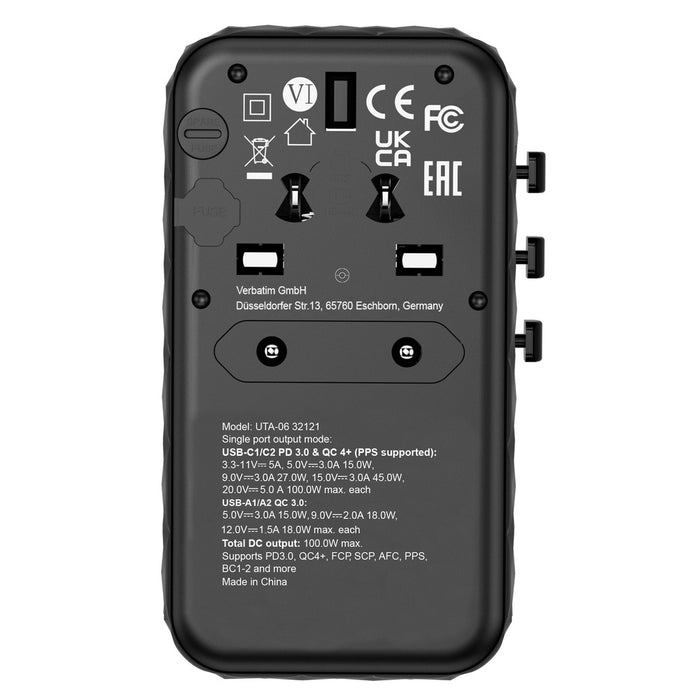 Verbatim UTA-06 GaN III Universal Travel Adapter with 2 x USB-C PD 100W & QC 4+ / 2 x USB-A QC 3.0