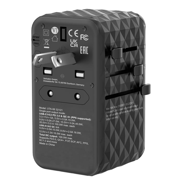 Verbatim UTA-06 GaN III Universal Travel Adapter with 2 x USB-C PD 100W & QC 4+ / 2 x USB-A QC 3.0