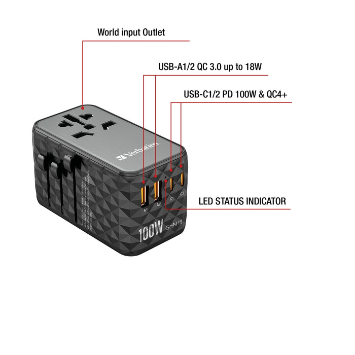 Verbatim UTA-06 GaN III Universal Travel Adapter with 2 x USB-C PD 100W & QC 4+ / 2 x USB-A QC 3.0