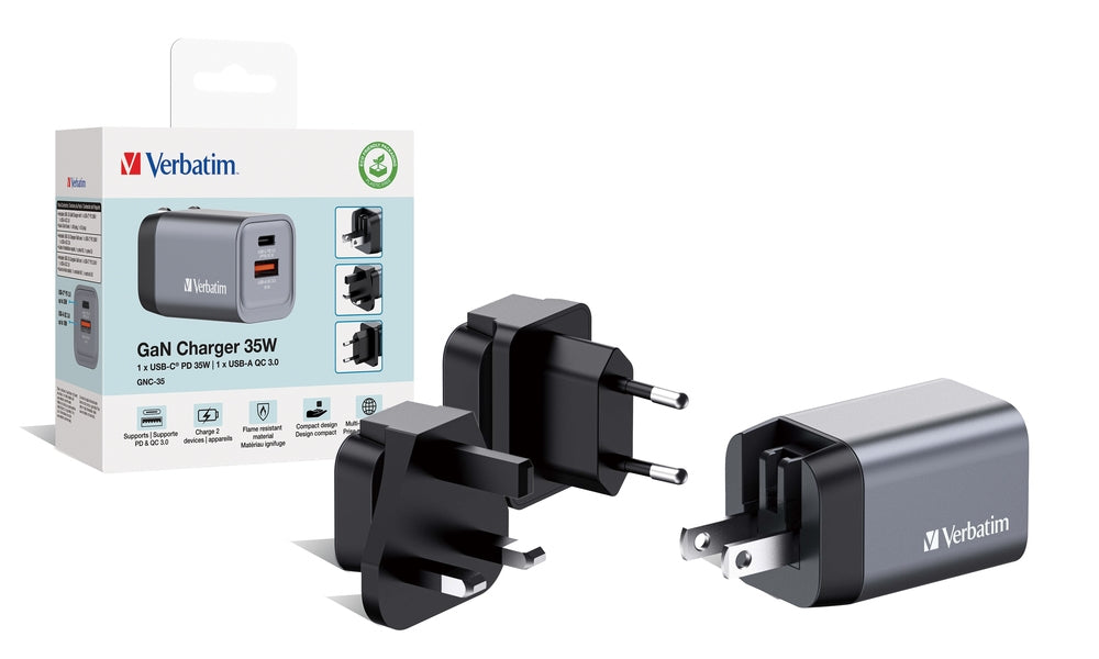 Verbatim GNC-35 GaN Charger 2 Port 35W USB A/C (EU/UK/US)