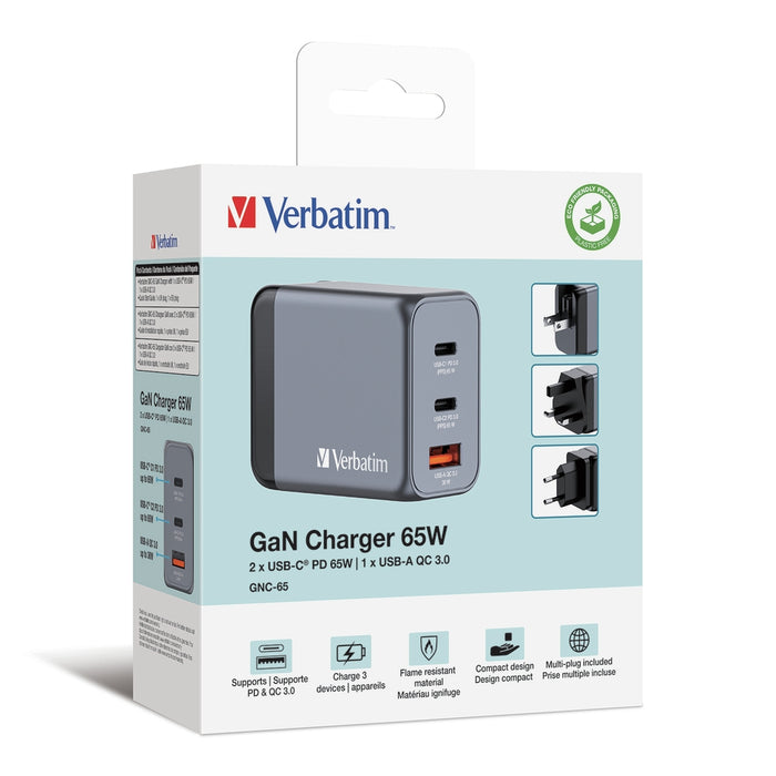 Verbatim GNC-65 GaN Charger 3 Port 65W USB A/C (EU/UK/US)