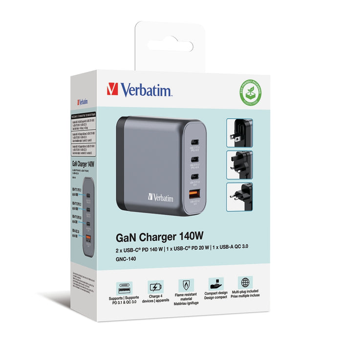 Verbatim GNC-140 GaN Charger 4 Port 140W USB A/C (EU/UK/US)
