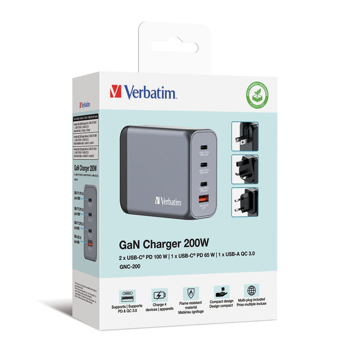 Verbatim GNC-200 GaN Charger 4 Port 200W USB A/C (EU/UK/US)