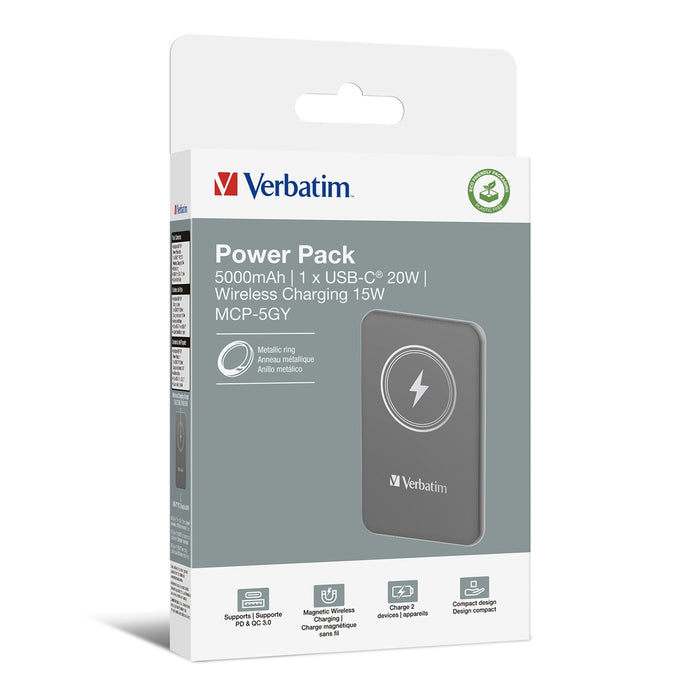 Verbatim MCP-5GY Power Pack 5000 mAh with UBS-C PD 20W / Magnetic Wireless Charging 15W Grey